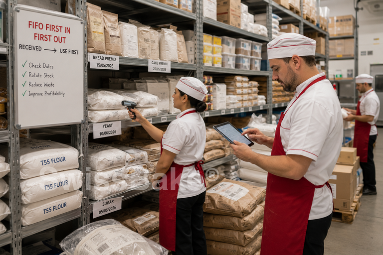Commercial bakery inventory management with staff organizing flour, bread premix ingredients, and packaging materials using FIFO stock rotation to reduce waste and bakery production cost