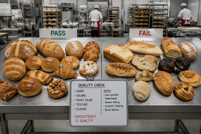 Bakery quality control table comparing successful and failed bread, bun, and pastry batches to identify production inconsistencies, batch failures, and bakery waste.