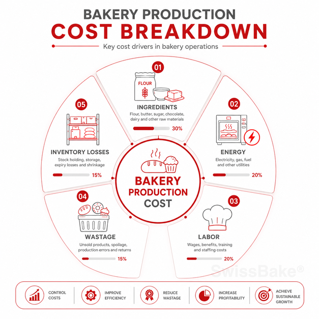 Bakery production cost breakdown infographic showing key operational cost factors.